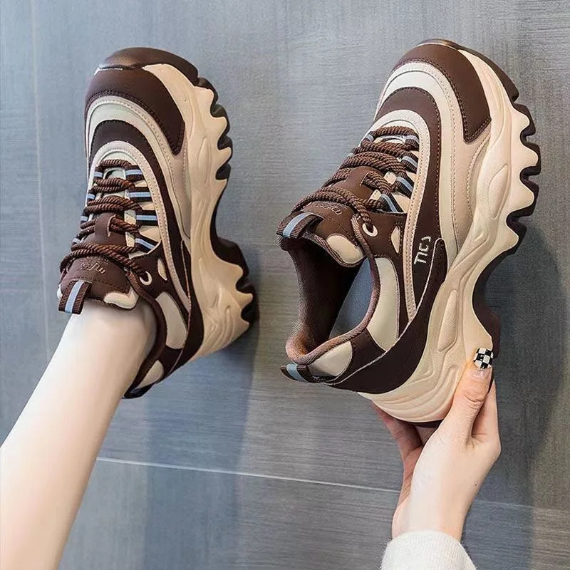 Sneakers Women Casual White Shoes 8CM Fashion Height Increasing Thick Bottom Spring Platform Leather Woman Chunky Sneakers2026