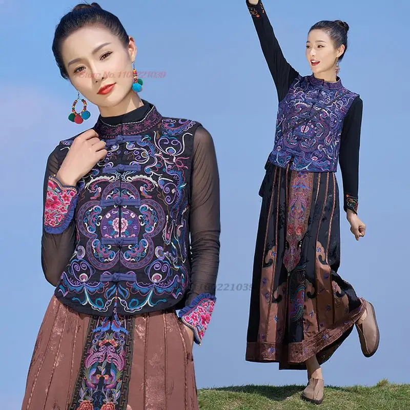 

2024 national harajuku gilet national flower embroidery vest chinese hanfu tops vintage sleeveless jacket ethnic waistcoat vest