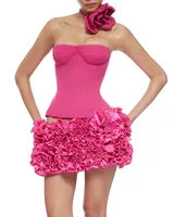 VC Christmas Dress Strapless Red Structured Top With Floral Embellished Mini Skirt Bodycon Celebrity Party Cocktail 2 Pieces Set - Image 4
