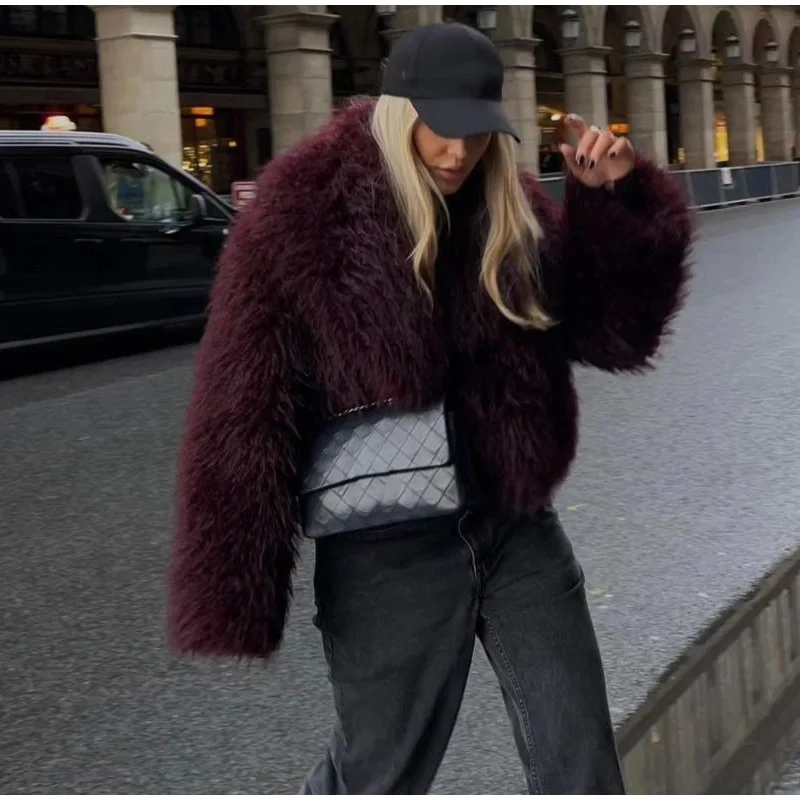 Fashion Women Faux Fur Coat Fluffy Lapel Loose Long Sleeve Burgundy Red Cropped Jacket Female Winter High Street Outwear