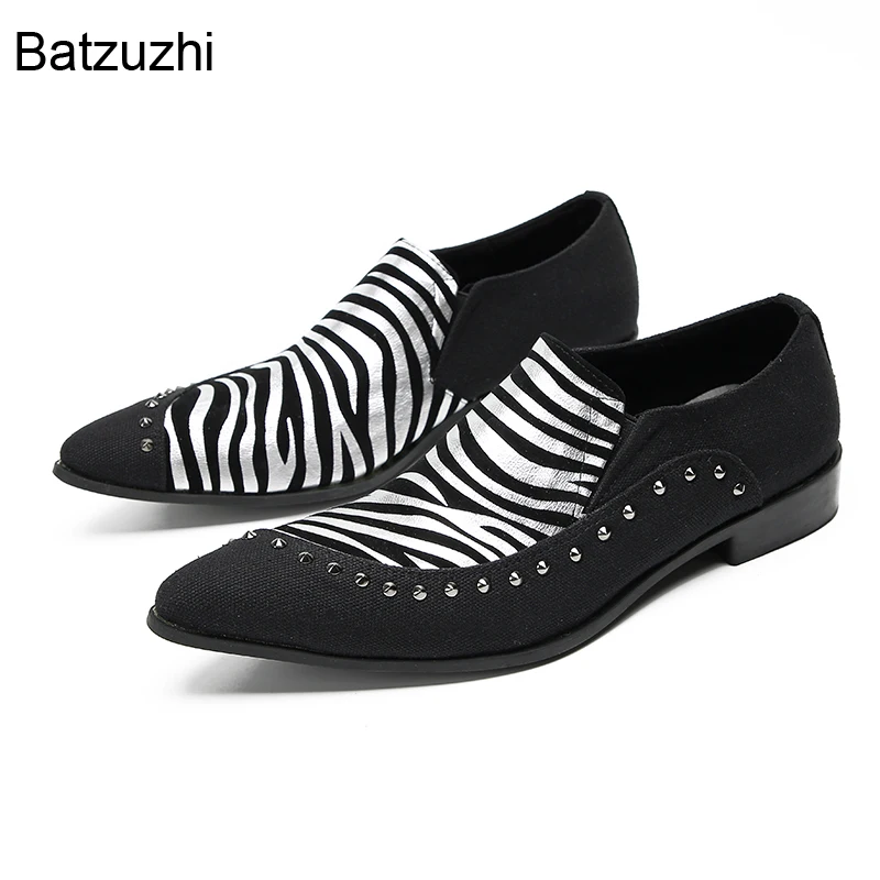 Batzuzhi New Design Shoes Men Black Zebra-stripe Leather Dress Shoes Men Slip on Formal Business, Party Shoes Man,Big Size 37-47