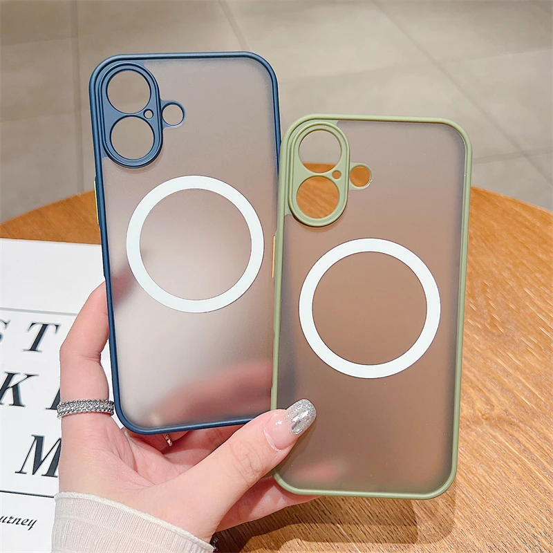 Custodia magnetica opaca di lusso Magsafe per iPhone 11 12 13 14 15 16 Pro Max X XS XR 7 8 Plus con ricarica wireless, trasparente, rigida per PC_voghion.com