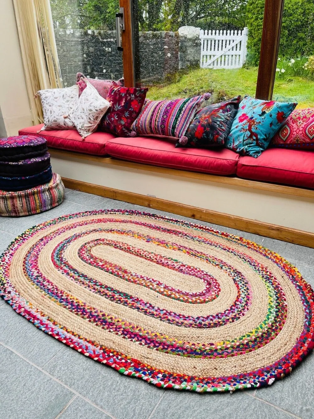 

Oval Rug Natural Jute Cotton Carpets for Living Room Handmade Reversible Area Rug Modern Hallway Floor Mat Home Bedroom Decor