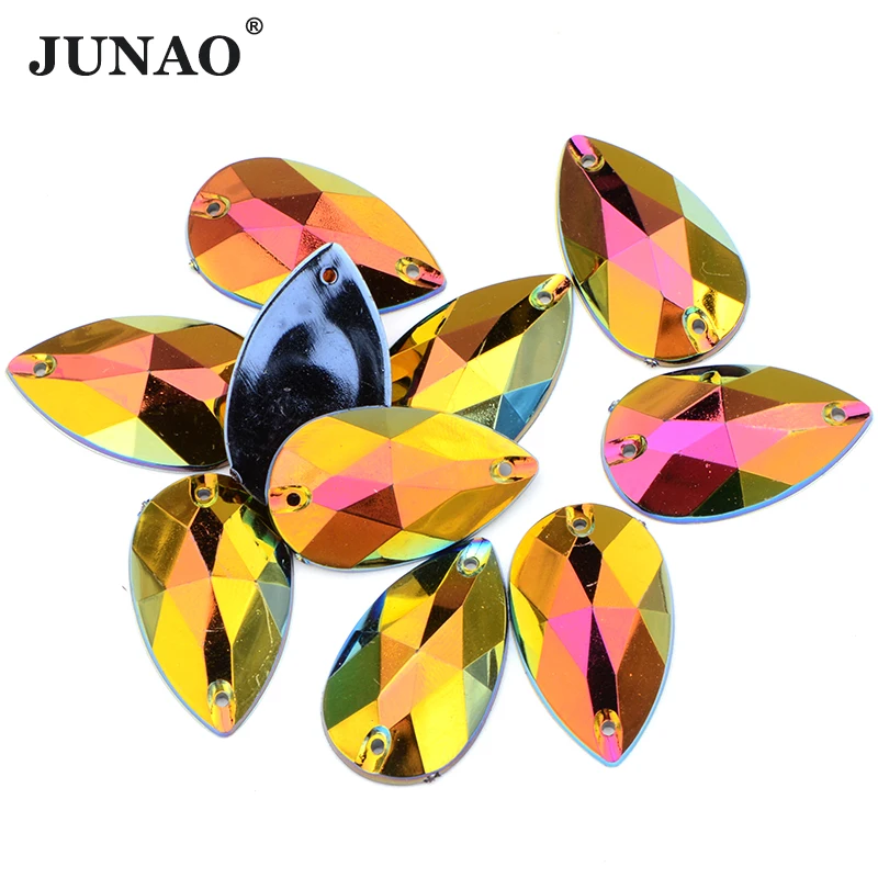 JUNAO 17*28mm Sewing Large Teardrop Rhinestone Flat Back AB Crystal Stones Sew On Resin Strass Applique for Needlework Crafts images - 6
