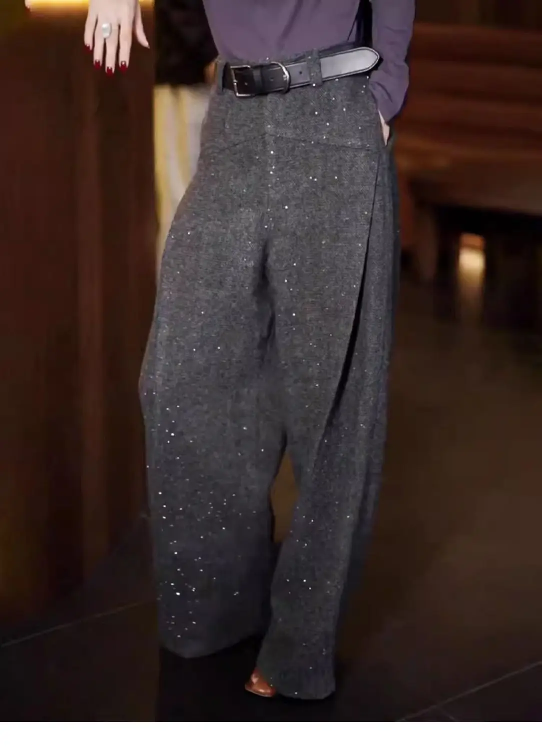 High-end Gray Woolen Suit Pants Women's 2024 Winter New European Design Fine Flash High Waist Versatile Trousers