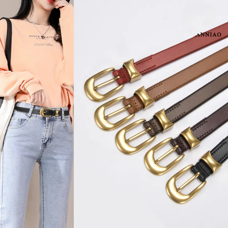 

Genuine Leather Belt Women's High-grade Gold Vintage Button Cow Leather Top Belt with Decorative Jeans Coat Suit Luxury Belt