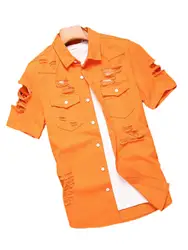Men's Stylish Orange Denim Short - Sleeve Shirt with Distressed Detailing - XS (Orange)