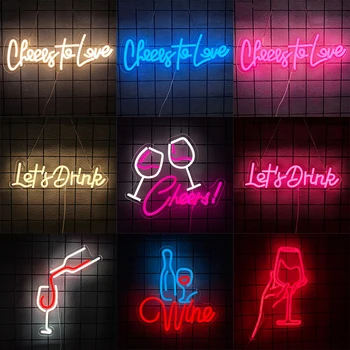 Insegna al neon per bicchiere di vino, luce al neon Cheers to Love per la decorazione della parete, insegne a LED per bar pub casa bar ristorante camera da letto decorazione per feste