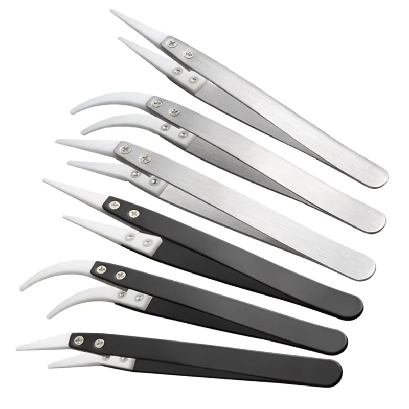 Anti-Static Ceramic Tweezers Stainless Steel Industrial Ceramic Tweezers Insulated Straight/Curved Tip Black-Whit
