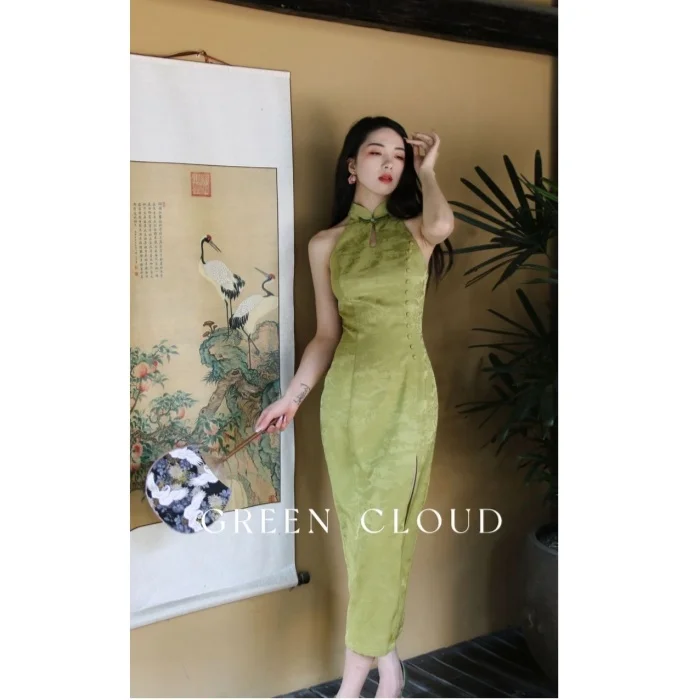 

Green Orchid Pavilion Preface/Evening Cangsong Light Chinese Style Improved Shoulder Cut Waist Split Wrap Hip Drop Neck