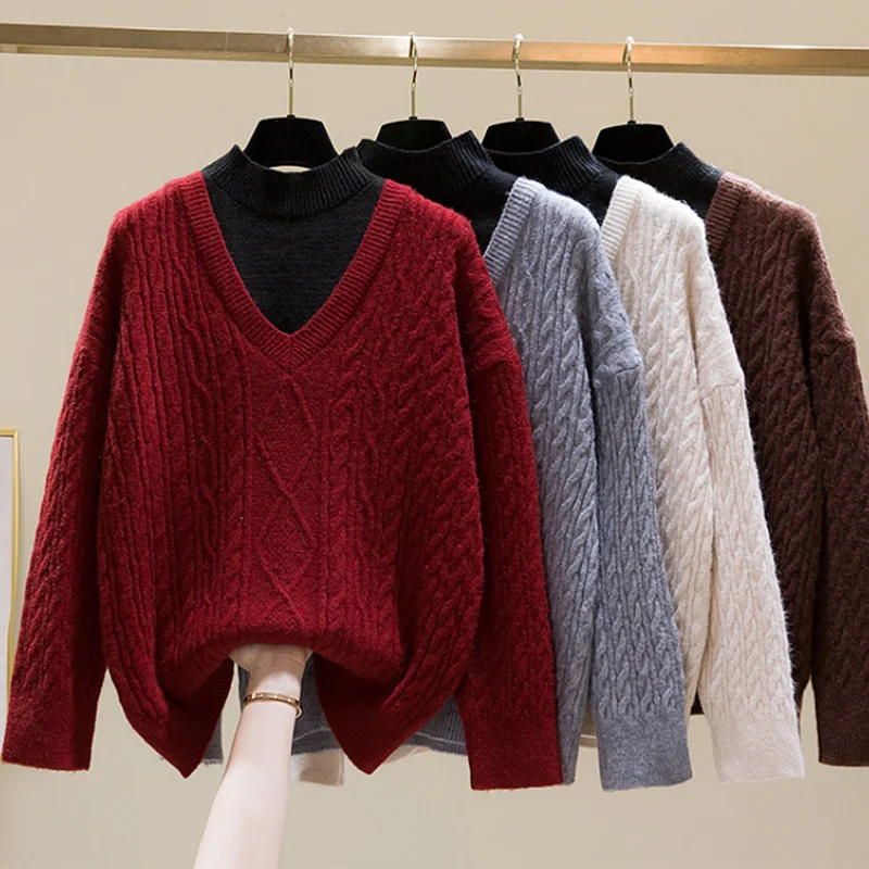 

Женский трикотажный свитер, Свободный пуловер с воротником-стойкой, в винтажном стиле, Осень-зима 23694