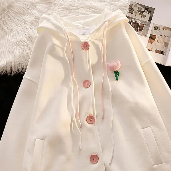 Autumn Winter Hoodies Jacket Women Sweet Coat Fleece Long Sleeve Button Jacket Coat Beige Color Ladies Tops Ins 2022 New kids jacket unicorn cartoon girls hooded jacket spring autumn long sleeve zipper coat anime elsa hoodies costume baby girl coat