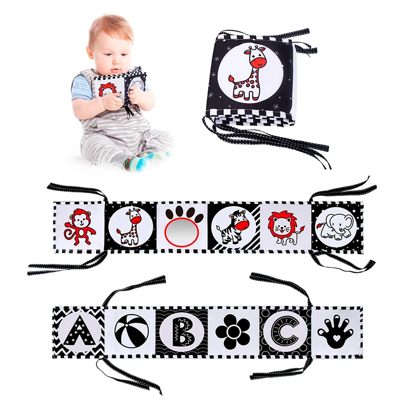 Black and White High Contrast Soft Cloth Book for Baby Infant Time Folding Educational Activity Cloth Book Crib Toys