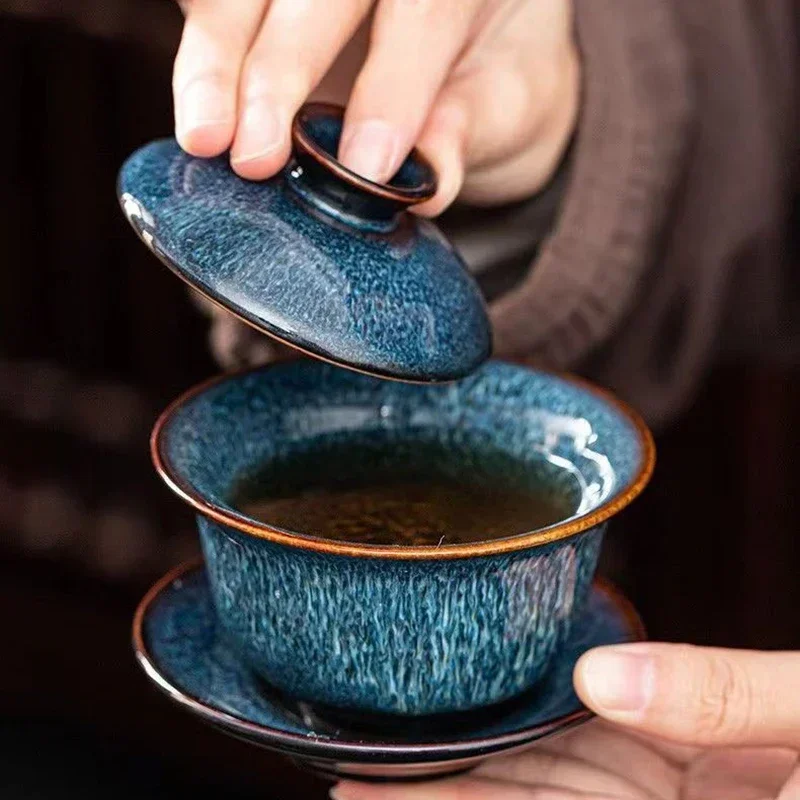 Blue star glaze gaiwan tea set cover bowl tea cups Chinese porcelain with lid hand-drawn lotus