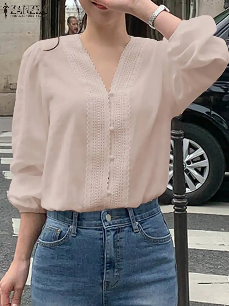 

Лето 2023, модная женская элегантная рубашка ZANZEA с пышными рукавами, Женская винтажная хлопковая блузка с V-образным вырезом, однотонные складки, корейский топ, блузы