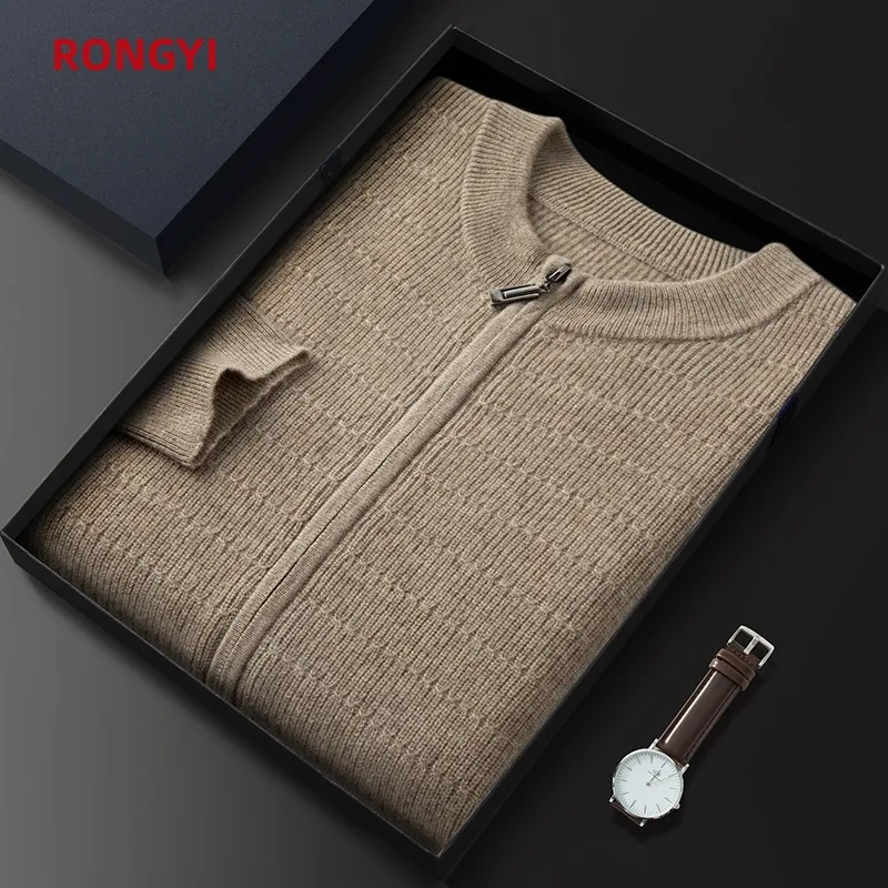 RONGYI 100% Goat Cashmere Men's Clothing Autumn and Winter New Knitted Cardigan Casual Loose Bottomed Shirt Fashion Jacket Top