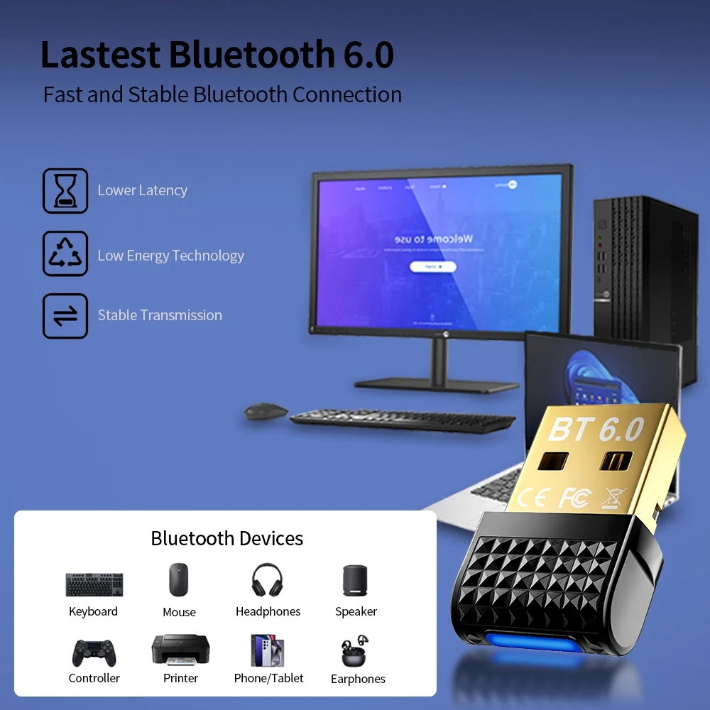 블루투스 6.0 어댑터 무선 오디오 송신기 수신기 자동차 헤드폰 스피커 용 USB 동글 Windows 8.1/10/11 드라이버 무료
