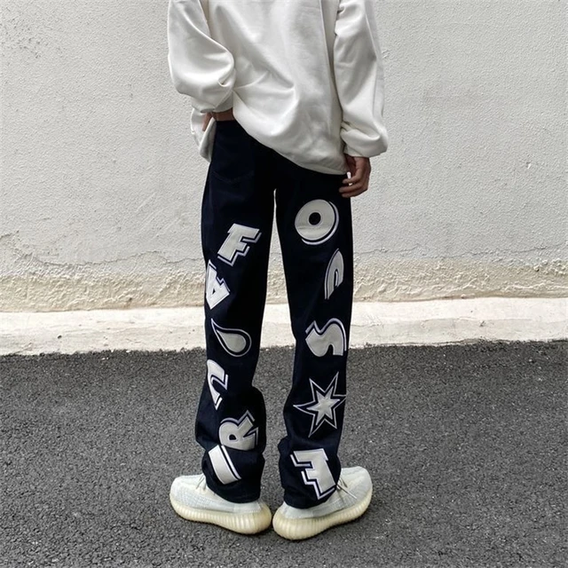 2023 Y2K Fashion Star Embroidery Plaid Stacked Jeans Pants For Men Clothing  Straight Women Hip Hop Denim Trousers Pantalon Homme - AliExpress