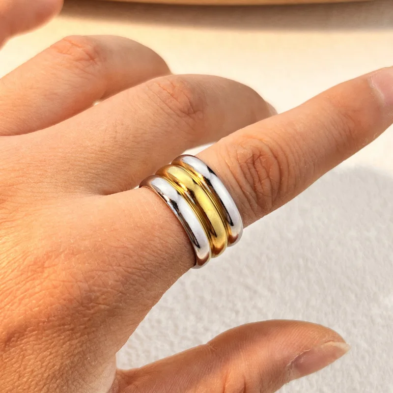 Punk Waterproof Stainless Steel Metal Thick Stripe Open Wide Rings Gold&silver Mix Color Three Layers Knuckle Ring Retro Jewelry