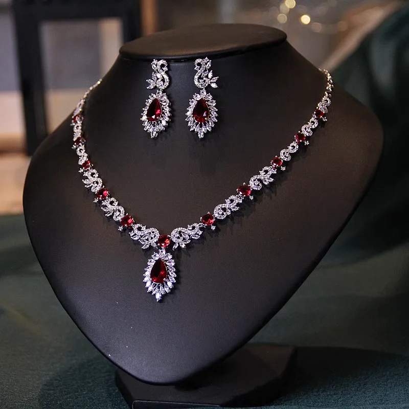 Bridal necklace Red gemstone wedding dress Earrings Set Strapless dress Accessories Wedding dinner accessories luxury jewelry 4