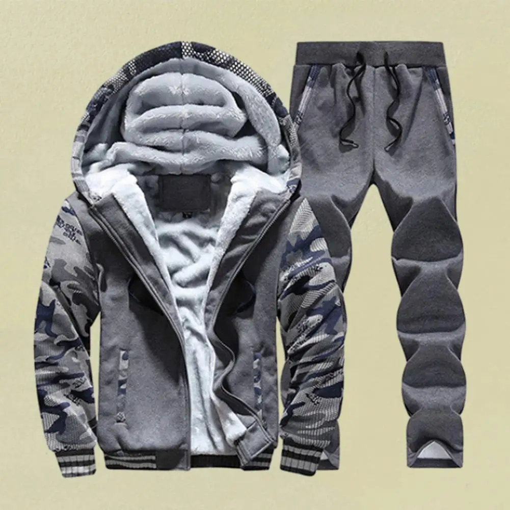 Men Sports Suit Men's Winter Camouflage Print Hooded Coat Pants Set with Plush Lining Windproof Design Warm Elastic for Cold