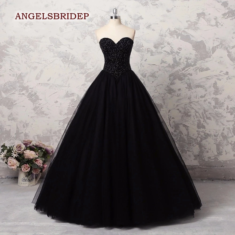 

ANGELSBRIDEP Gothic Black Quinceanera Dresses Sweet 16 Dress Formal Tulle Floor-length Masquerade Birthday Party Gowns Cheap