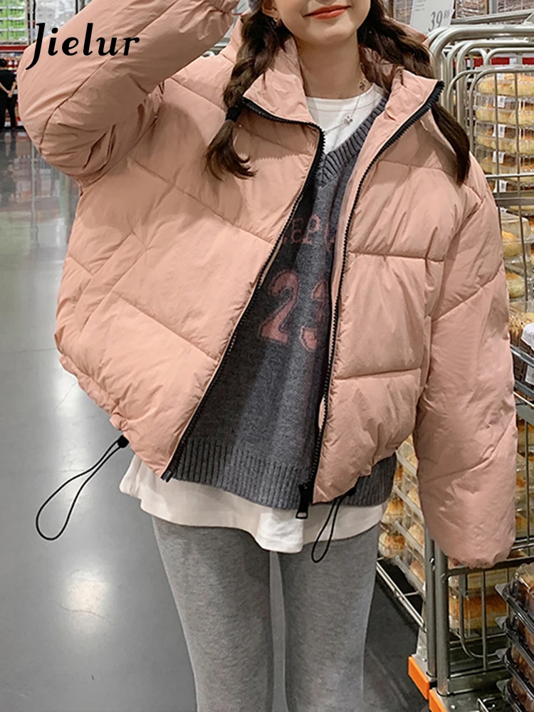 Jielur Nuovo Sciolto Tinta Unita Femminile Parka Casual Stile Coreano Chic Cerniera Coulisse Moda Donna Parka Ufficio Signora Rosa Nero