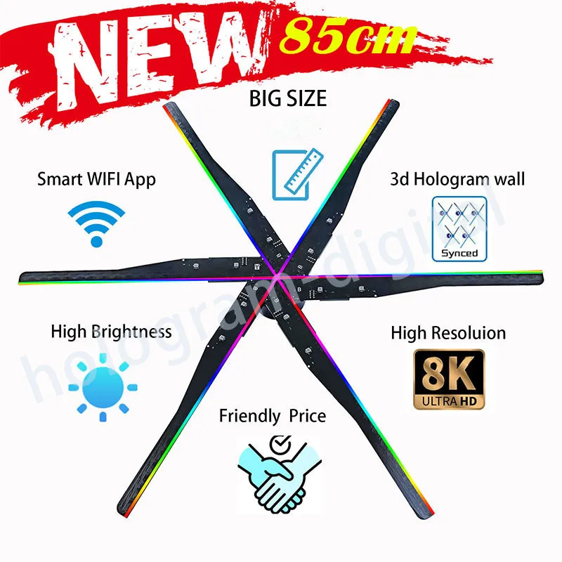 

Factory Price 85cm High Resolution 6 Blades Splicing Wifi Holographic Display Led Hologram 3d Holographic Projector Holofan Fan
