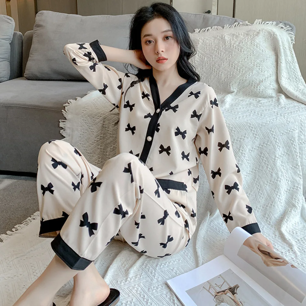 Women Pajamas Sets Heart Print Pyjama Spring Autumn Casual Pijamas Female Loungewear Long Sleeve Shirt Pants Sleepwear Homewear