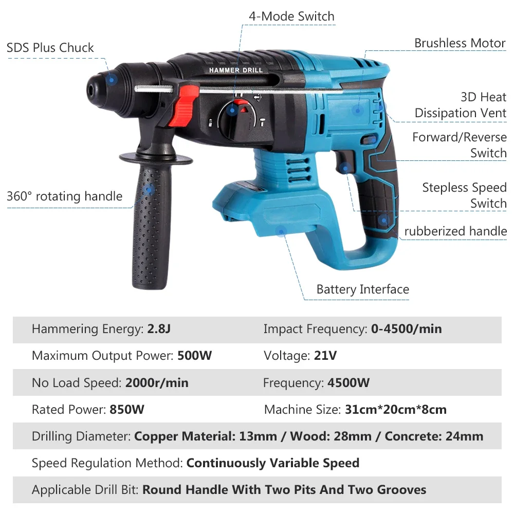 Brushless Rotary Hammer Drill Cordless Electric Hammer 18V Multifunctional Impact Electric Power Tools for Makita Battery 6