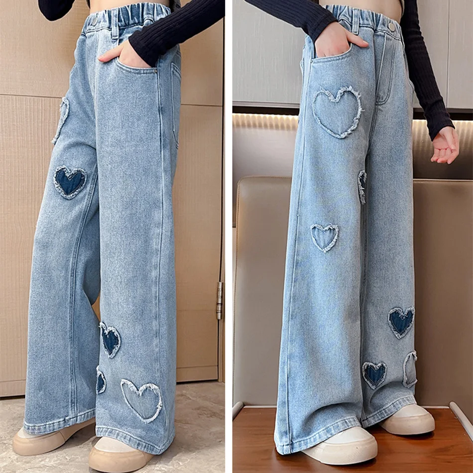 

Children's Clothing Kids Jeans Girls' Love Fleece Denim Wide Leg Pants Loose Fit Mid To Large Children's Home Outwear Pants