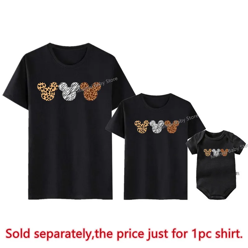 Disney Leopard Mickey Ears Shirts Funny Animal Kingdom Family Matching Outfits Cotton Look Mother and Kids Disney Trip Clothes 3