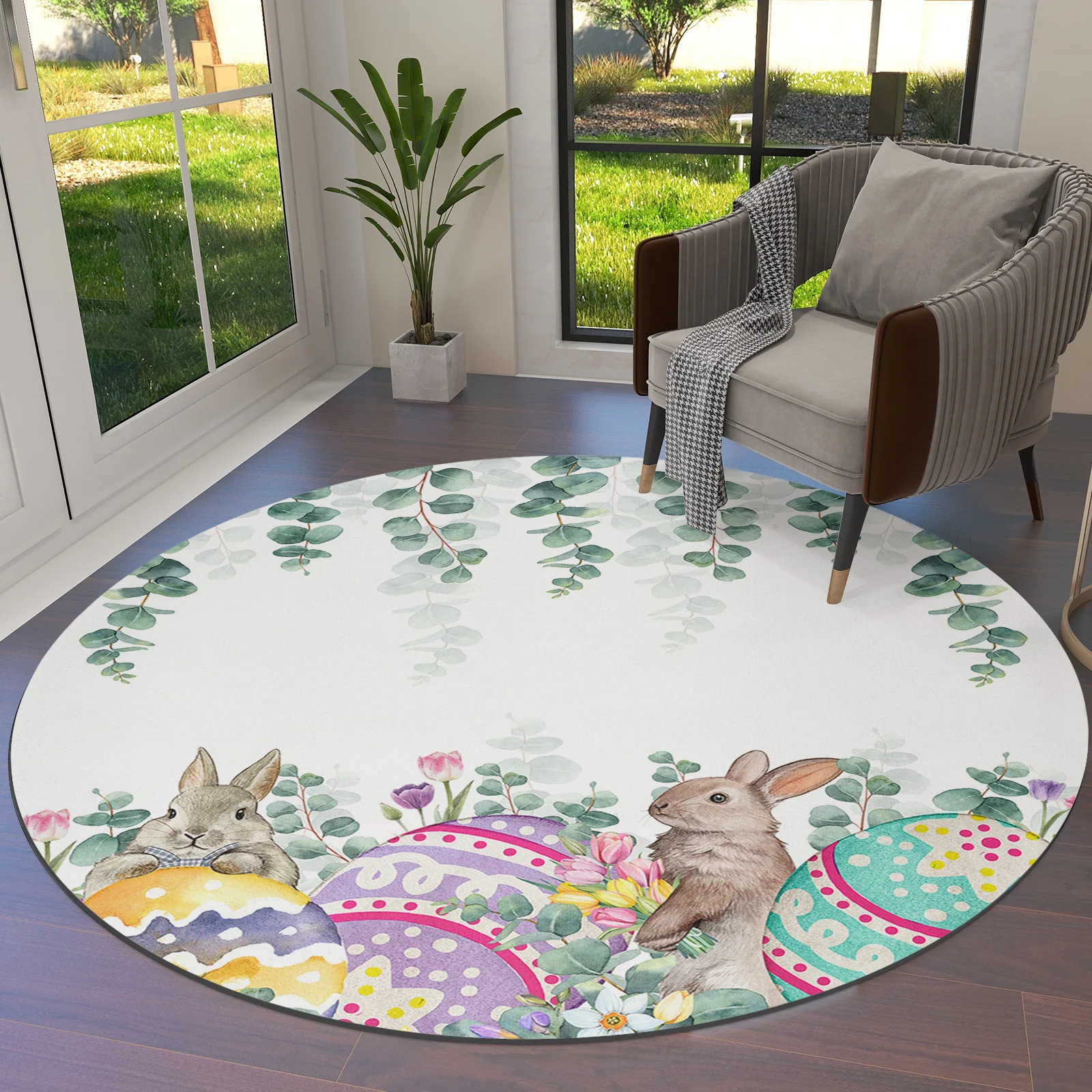 

Easter Spring Flower Plant Egg Round Area Rug Carpets For Living Room Large Mat Home Bedroom Kid Room Decoration