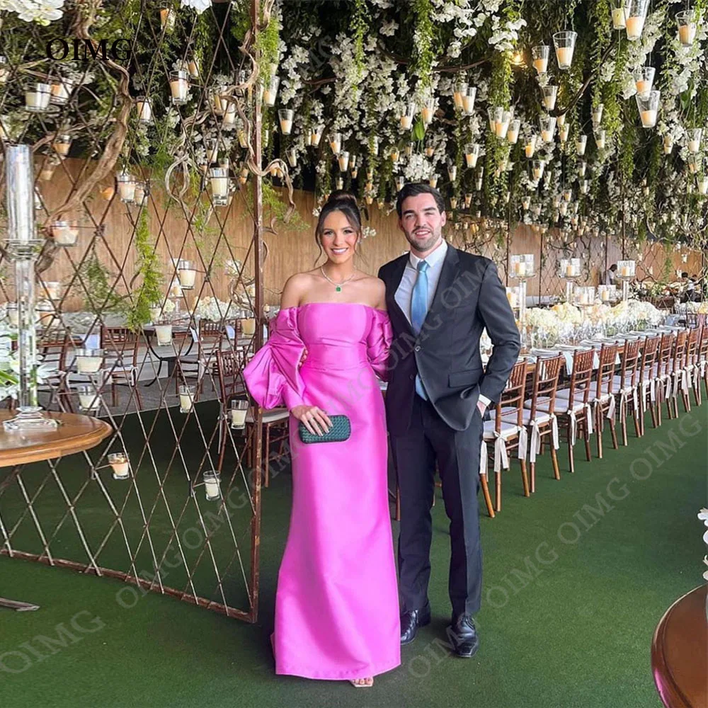 

OIMG Pink Strapless Evening Dresses Full Sleeve Satin Straight Long Simple Formal Prom Gowns Dress Floor Length 2023 Vestidos