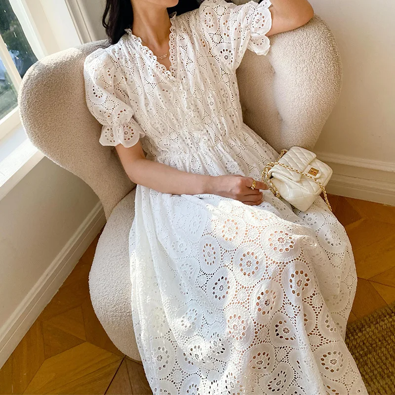 

Round Pattern Hollow Out Vacation Dress French Style Embroidered V-Neck White Midi Dress 2024 Summer New in Woman Clothing