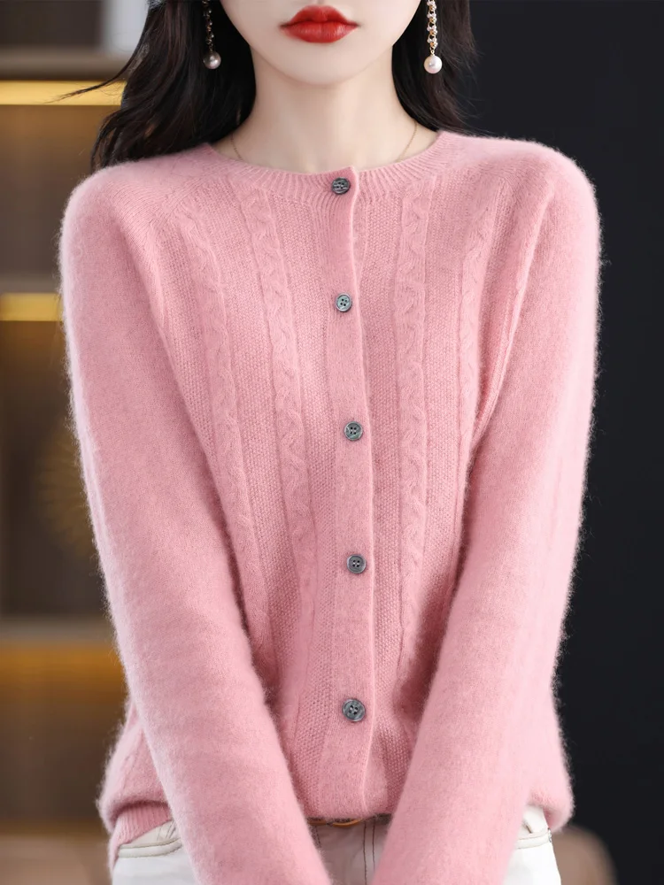 

Autumn Winter 100% Merino Wool Women Cardigan O-neck Twist Flower Cashmere Sweater 2023 Korean Fashion Female Clothes Grace Top