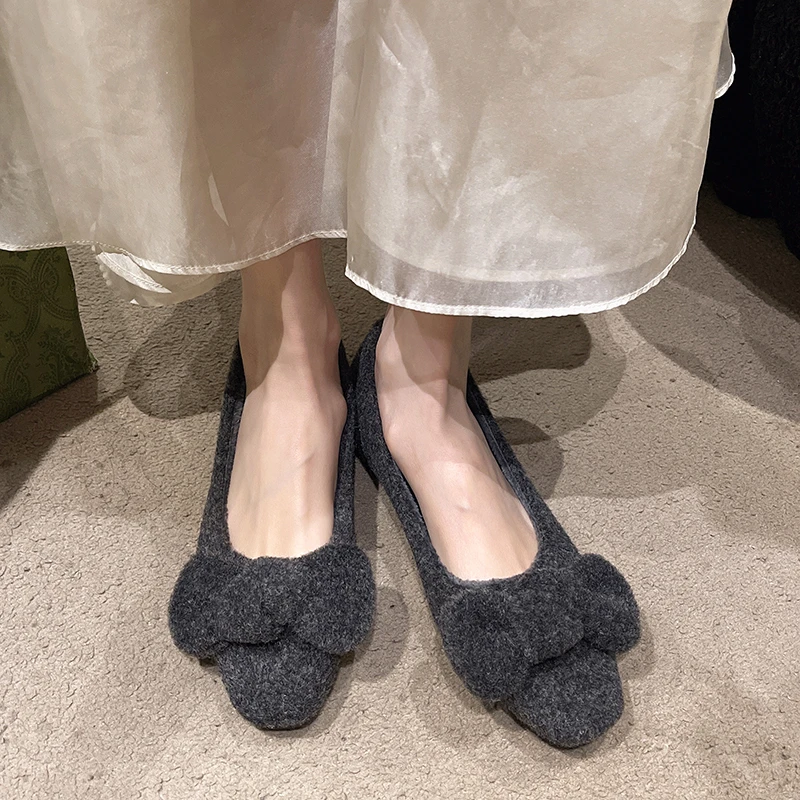 Aphixta Elegant Bow Corduroy Upper Women Flats Shoes Shallow Slip On Loafers Woman Grey Sweet Shoes Soft Sole Ladies Shoes