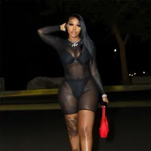 

2022 Sexy Sheer Mesh Black Long Sleeve Bodycon Rompers Womens Jumpsuit Shorts Night Club Sexy Outfits for Woman
