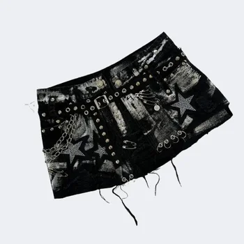 Y2K New Gothic Retro Black Denim Skirt Harajuku Star Graphic Rhinestone Rivet Mini Skirt Sexy Hot Girl Slim Low Waist Hip Skirts 1
