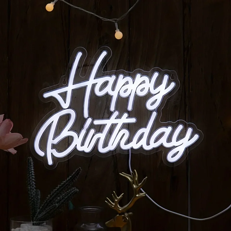 Insegna al neon con scritta Happy Birthday, con scritta Happy Birthday, con scritta Happy Birthday, per sfondo, decorazione per feste di compleanno, alimentata tramite USB, luce bianca calda