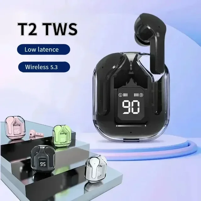 Écouteurs Sans Fil Bluetooth 5.3 TWS – Boîtier Transparent, Réduction de Bruit ENC & Affichage LED – Modèle T2 1