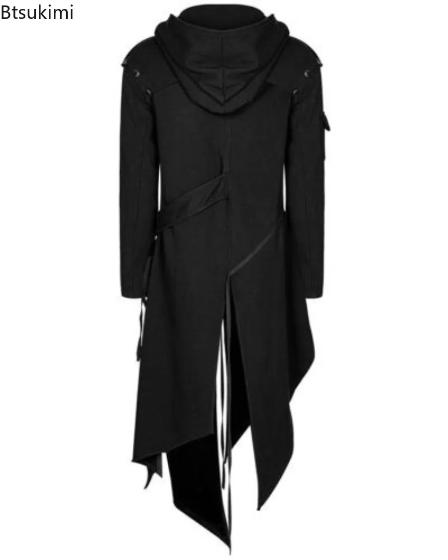 New 2024 Men's Punk Style Irregular Trench Coats Black Gothic Long Hooded Jackets Halloween Man Cosplay Costume Large Size S-5XL