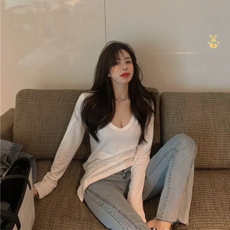 

Solid Bottoming Shirt Women Autumn Winter T-shirt Students Irregular Fitting Korean T-shirt Casual Top Long Sleeved T-shirt