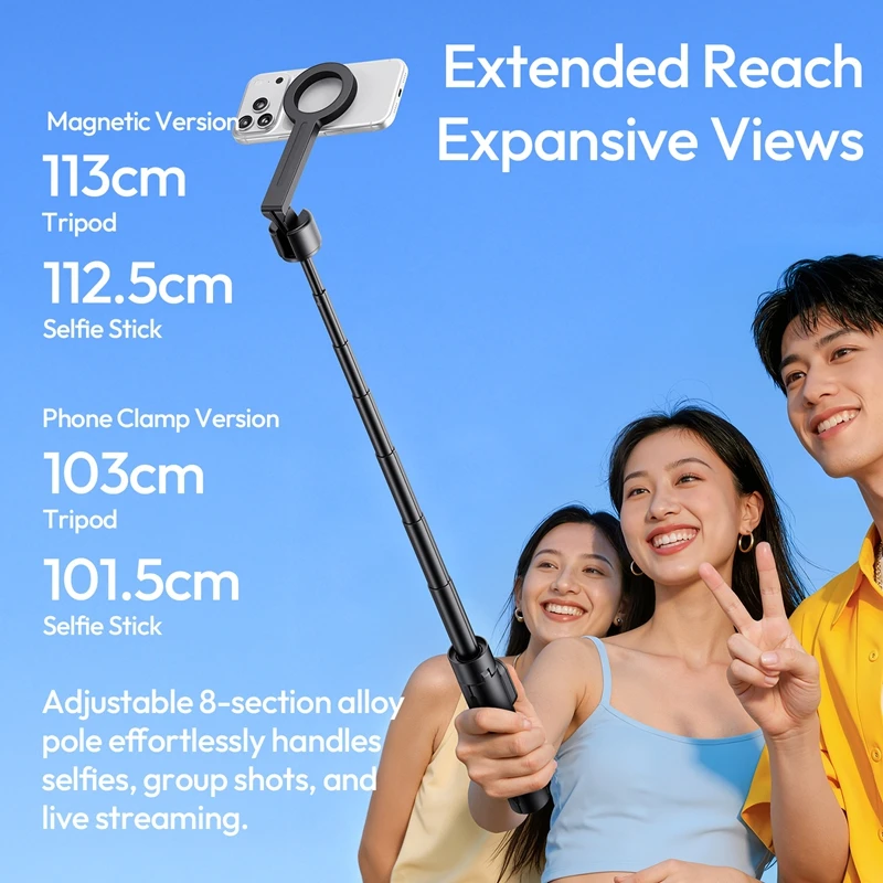 Ulanzi SK26 Portable Selfie Stick Tripod 8-Section Telescope Pole with Cold Shoe for Group Capture Desktop Stream Dynamic Vlog