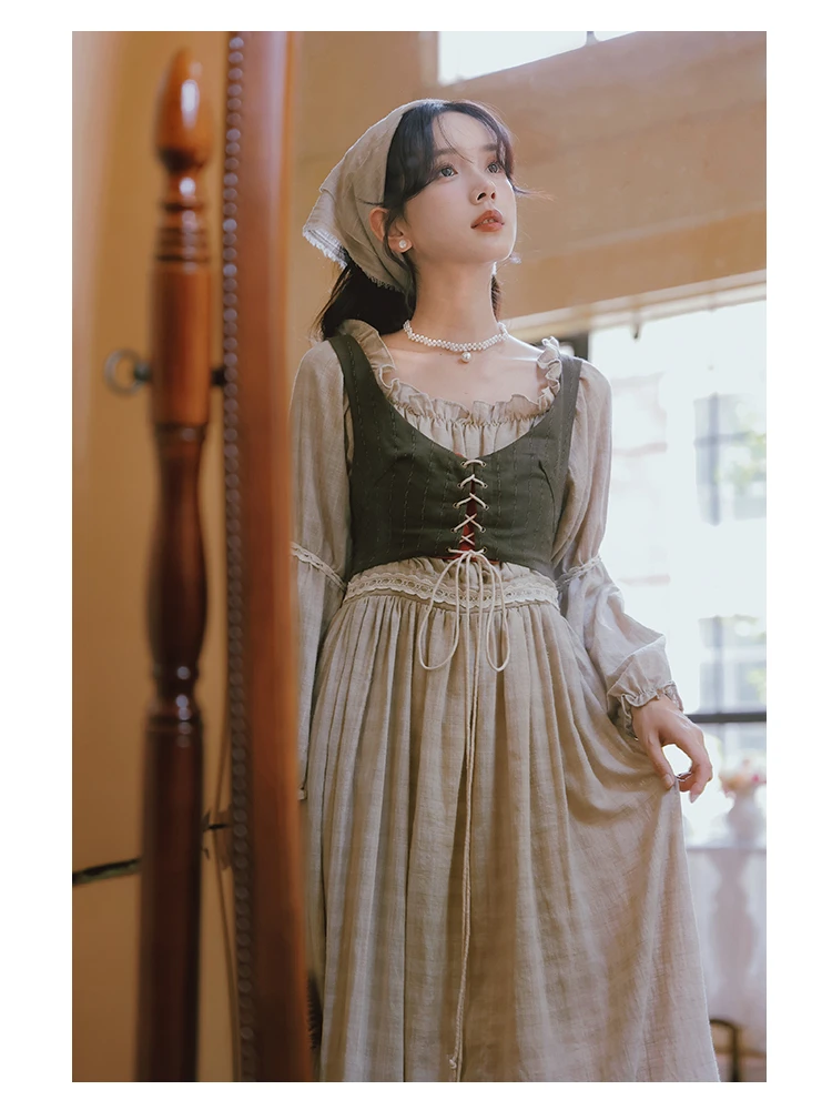 Medieval Cottagecore Retro Strappy Vest Cotton Linen Two-piece Dress Woman  Renaissance Vintage Gothic Court Princress Dresses - AliExpress 200000532