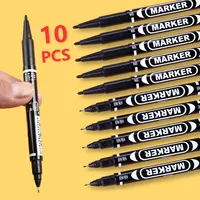 10 Pcs/Set Wholesale Twin Tip Permanent Marker Pen Fine Point Waterproof Ink Thin Nib Crude Nib Black Ink 0.5mm-1mm Fine Color