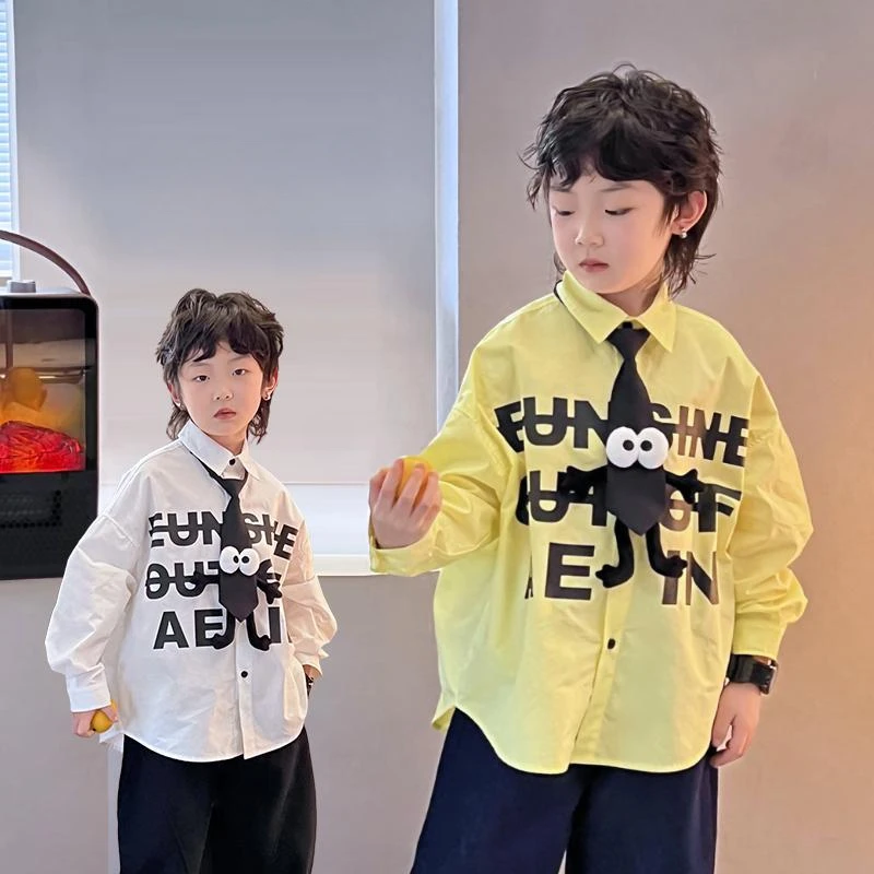 Children's Shirts Kids Boys Letter Tie Long Sleeve Baby Academy Style Cotton Shirt Spring Autumn Teen Boy Outerwear