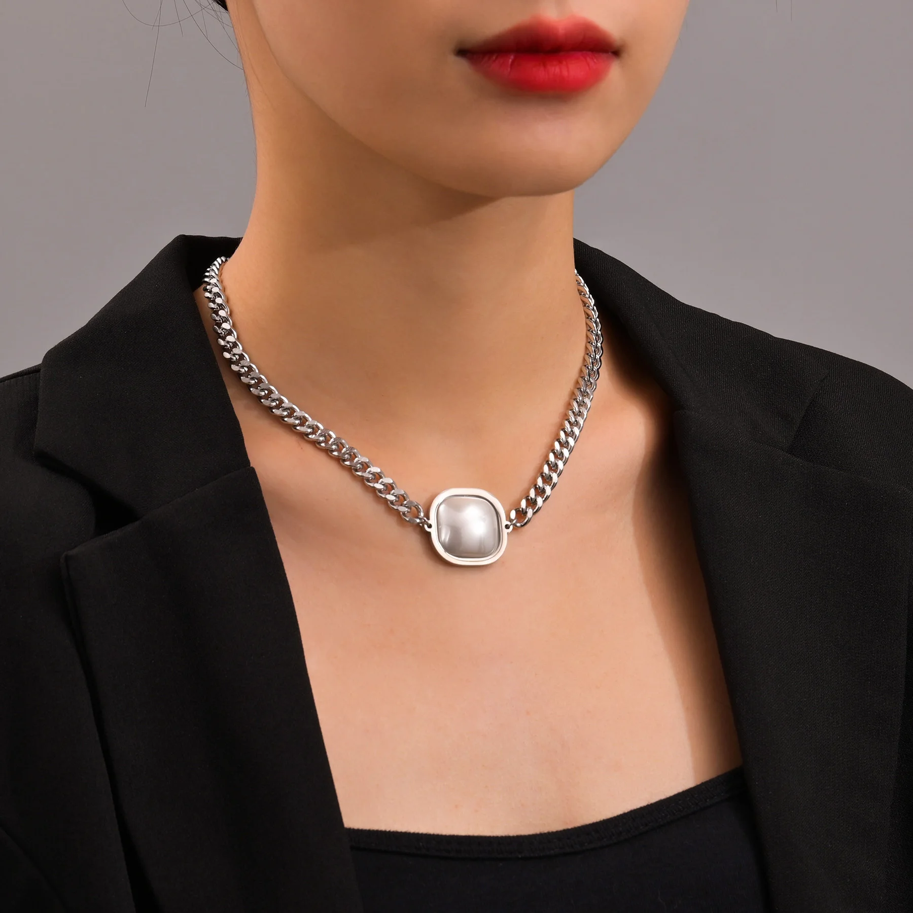 Stainless Steel Thick Neck Chain Square Pendant Necklaces For Women