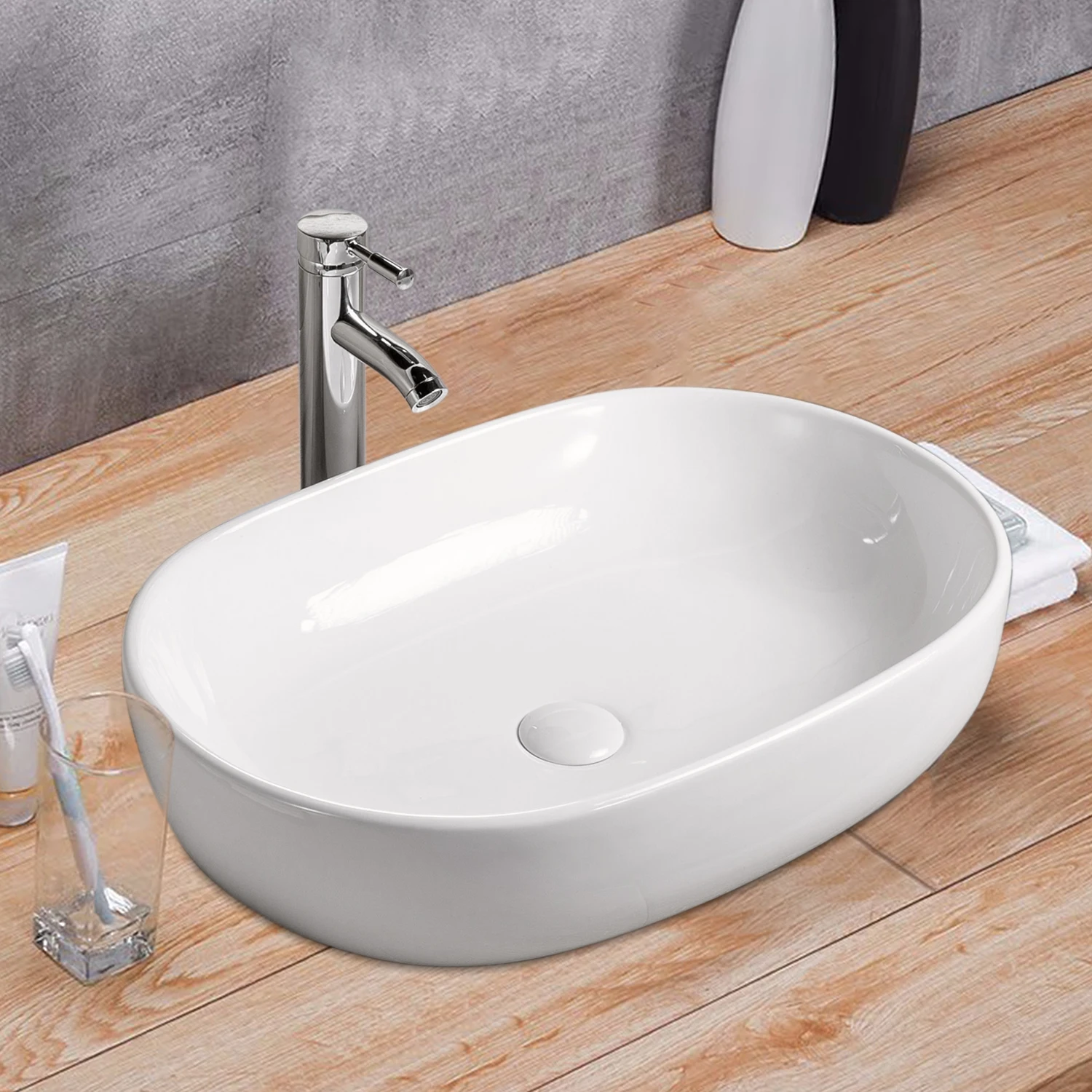 Rectangular White Ceramic Vessel Bathroom Sink Basin Above Counter Installation