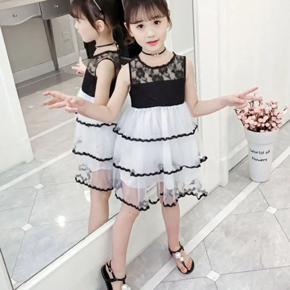 Fashion Sleeveless Girls Princess Dress Loose Teens Summer Lace Dress Party Beach Vacation Children Mesh Dress Holiday